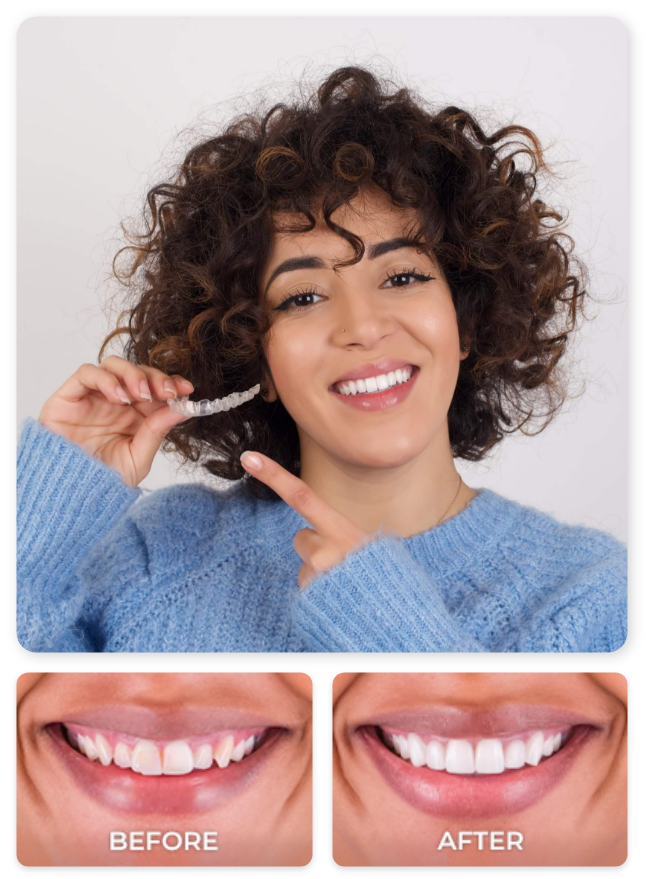 young female patient holding her invisalign clear aligners